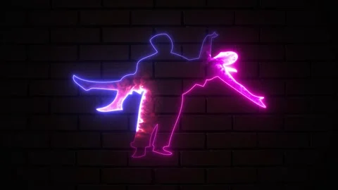 A bright neon romantic man is carrying a woman in his arms on a brick wall... Stock Footage 295405488