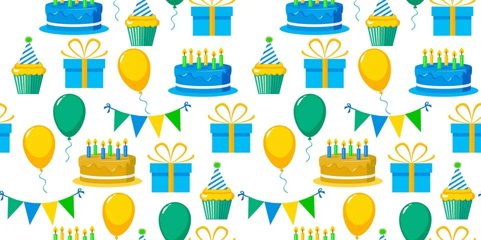 Bright neon seamless vector pattern happy birthday for boy, cake balls gifts cup Stock Illustration