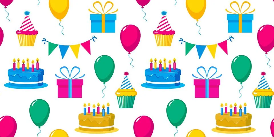 Bright neon seamless vector pattern happy birthday girl or boy, cake balls gifts Stock Illustration