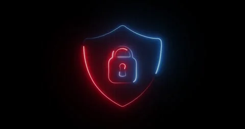 Bright neon security neon frame with lock on black Background. Cyber Security Sh Stock Footage 325728054
