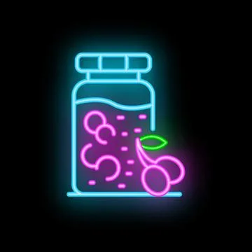 Bright neon sign of cherry jam jar with berries and leaf on black background Stock Illustration