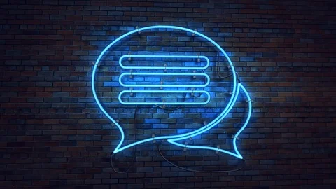 Bright neon sign with a  speech bubble on a brick wall. Stock Footage 119429058