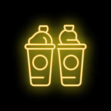 Bright neon sign of two disposable coffee cups with whipped cream on black .. Ilustração Stock