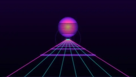 Bright neon sphere moves down a grid path in dark space Stock Footage 336994767