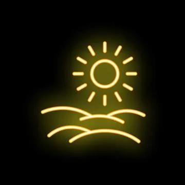 Bright neon sun shining over rolling hills on black background Ilustração Stock