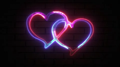 Bright neon two heart shape suit icon. Red and blue color neon two heart sh.. Stock Footage 295933759