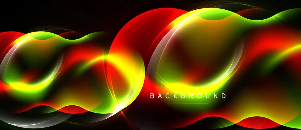 Bright neon waves blend, creating vibrant abstract background. Red, green, Stock Illustration