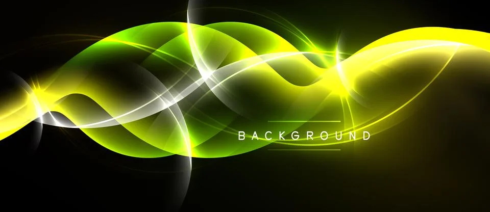 Bright neon waves flow across dark background. Yellow, green hues create dy.. Stock Illustration