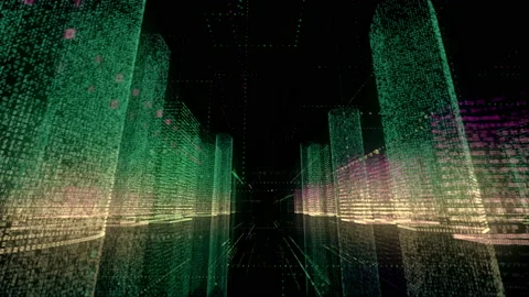 Bright neon wireframe of abstract digital city business center with skyscrapers Stock Footage 151556973