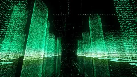 Bright neon wireframe of abstract modern digital city center with skyscrapers Stock Illustration
