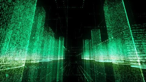Bright neon wireframe of abstract modern digital city center with skyscrapers Stock-Illustration