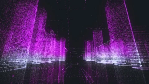 Bright neon wireframe of modern digital city center with skyscrapers which Stock Footage 113341837