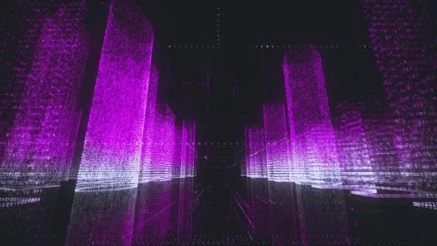 Bright neon wireframe of modern digital city center with skyscrapers which Stock-Illustration