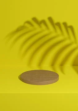 Bright, neon yellow 3D rendering simple, minimal wooden product podium backgr Illustrazione stock