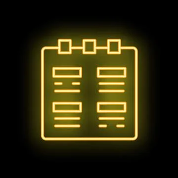 Bright neon yellow notepad icon glowing on a black background Stock Illustration
