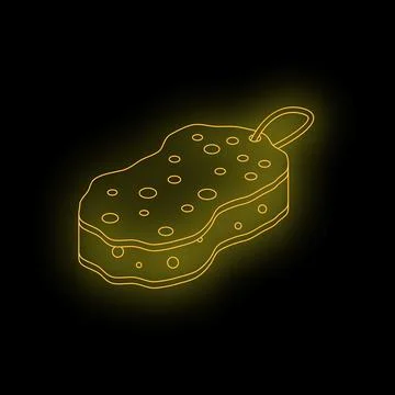 Bright neon yellow sponge with string, glowing on a black background, symboli Stock Illustration