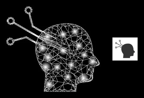 Bright Network Brain Link Mesh Icon with Sparkles Stock Illustration