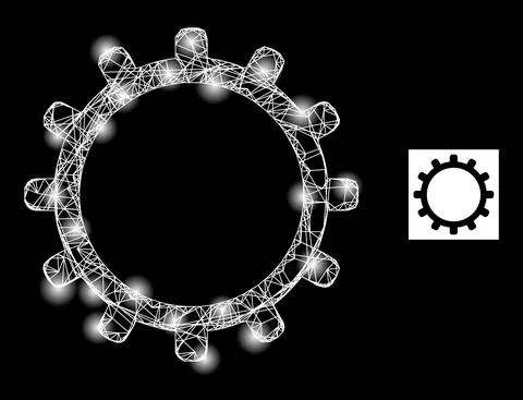Bright Network Cog Mesh Icon with Constellation Nodes Illustrazione stock