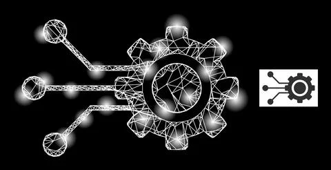 Bright Network Gear Connectors Mesh Icon with Glare Spots Stock Illustration