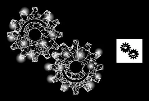 Bright Network Gears Rotation Mesh Icon with Constellation Nodes Illustrazione stock