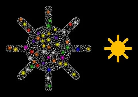Bright Network Sun Rays Icon with Constellation Colored Light Spots Stock Illustration