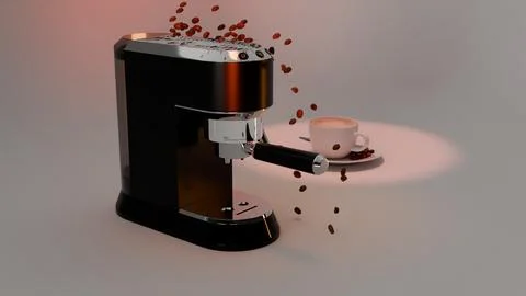 Bright neutral set with compact espresso machine, cup, and floating beans Stock Photos