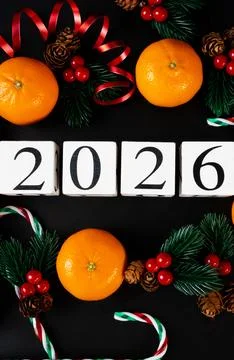 Bright New Year 2026 composition with oranges, holiday flat lay Stock Photos