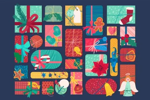 Bright new year present boxes flat vector illustration Ilustración de archivo
