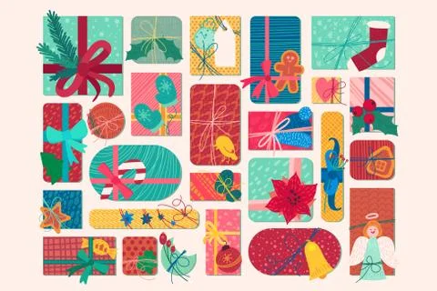 Bright new year present boxes flat vector illustration Ilustración de archivo