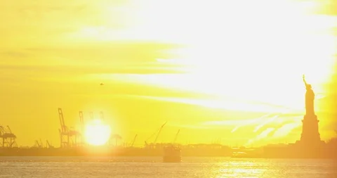 Bright New York Sunset Reflecting On Iconic Hudson River On A Amazing Evening  Stock Footage 112162112