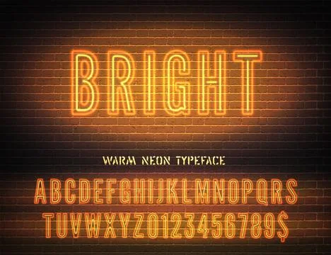 Bright night light glowing effect narrow bold font with numbers on dark brick Stock Illustration