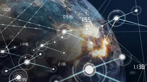 Bright node appearing starting Earth HUD nodes linking pulsing updating showing Stock Footage 328584696