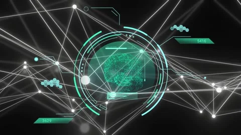 Bright node initiating scan, HUD rotating while brain model pulsing, updating Video stock 334337526