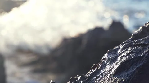 Bright ocean water splashes behind a dark wet rough rock. Stock Footage 337405892