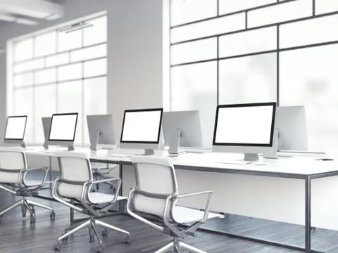 Bright office with computers. 3d rendering Иллюстрация