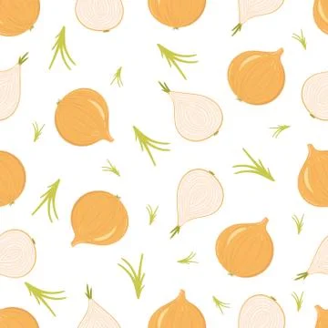 Bright onions seamless pattern on white background. Fresh vegetables design. Stock Illustration