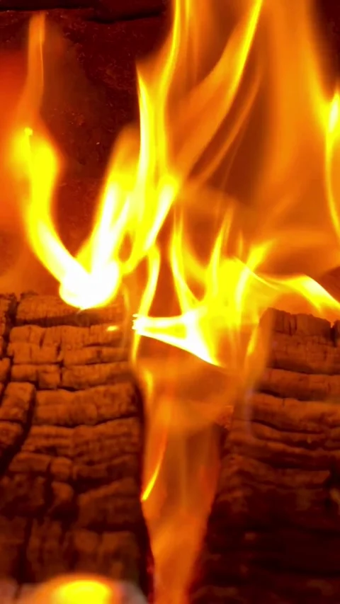 Bright orange and yellow flames burning wood in fireplace Stock Footage 331983580