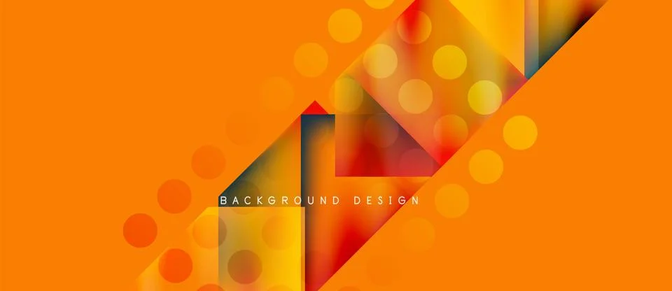 Bright orange background features geometric shapes, circles, triangles. Modern Illustrazione stock