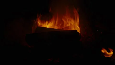 Bright orange campfire flames burning wooden logs in pitch darkness Stock Footage 337388925
