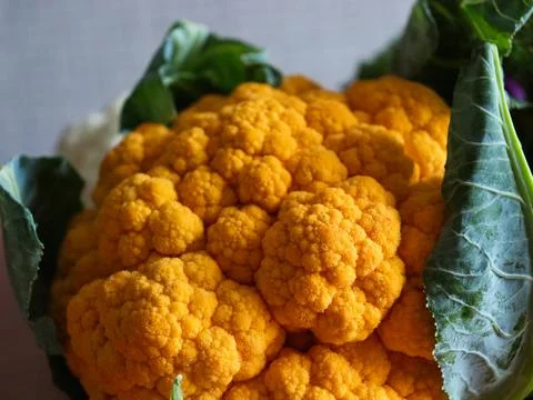 Bright orange cauliflower close-up on a kitchen counter Stock Photos