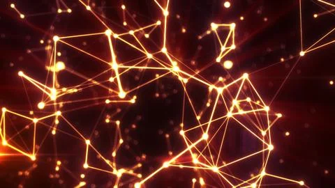 Bright orange digital network with glowing connections radiating across a dar 写真素材