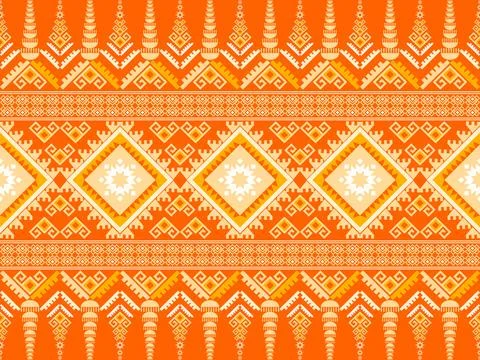 Bright Orange Ethnic Textile Pattern with Geometric and Floral Motifs Seamless F Illustrazione stock