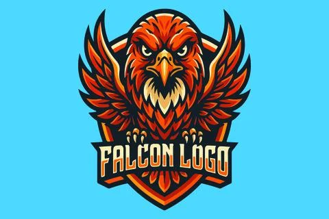 Bright orange falcon head logo on green background with text Stock Illustration