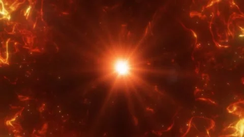 Bright orange fire explosion with glowing embers and intense light rays Stock Footage 345627753