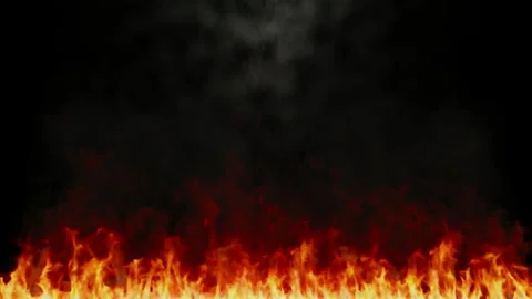 Bright orange fire flames burning on a black background with rising smoke Stock Footage 344625769