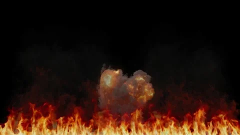 Bright orange fire flames with central smoke cloud isolated on black background Stock Footage 344625685