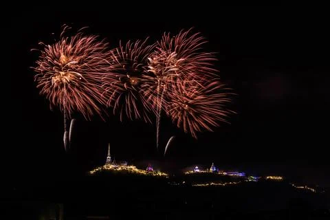 Bright Orange Fireworks Exploding Over Phra Nakhon Khiri Historical Park In.. Stock Photos