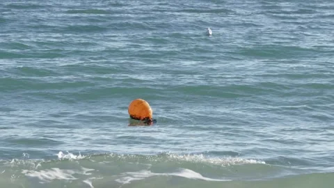 A Bright Orange Floating Buoy Navigates the Ocean Waves on a Sunny Day Near the Видео 296895418