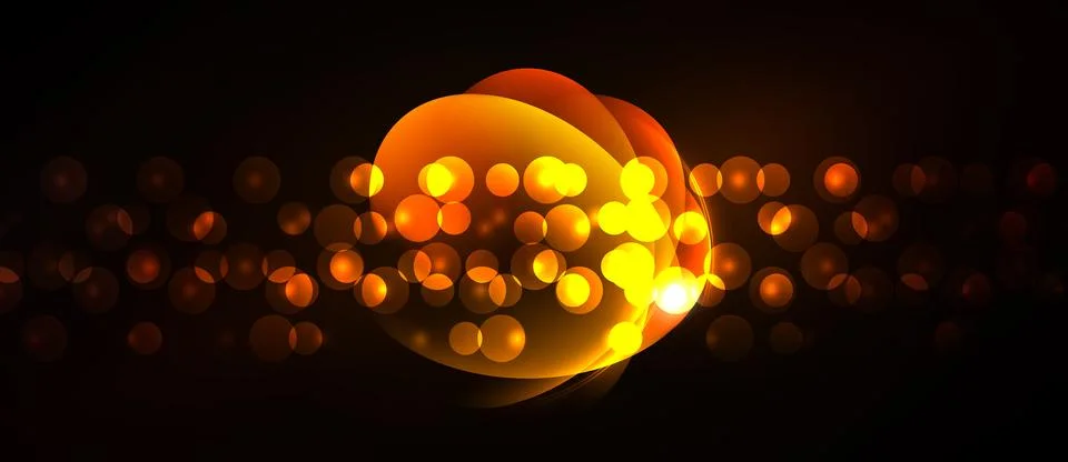Bright orange glowing orbs float against dark background. Bokeh effect create Stock Illustration