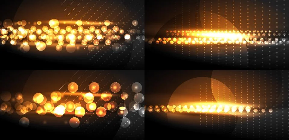 Bright orange glows, dots create abstract backgrounds. Four panels display イラスト素材